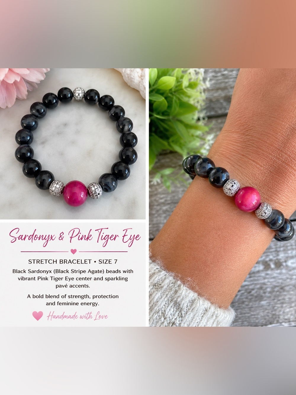 Handmade Black Sardonyx & Pink Tiger Eye Stretch Bracelet 10mm Size 7 New